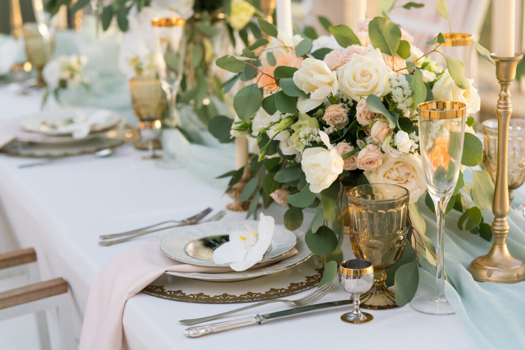 Wedding table decorations set up for the big event.